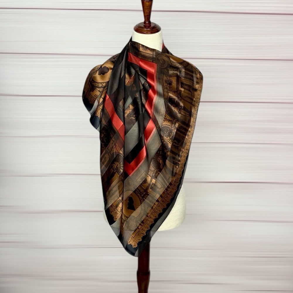 Linda Allard Ellen Tracy Silk Square Scarf Black Bronze Stripped Antique Motives